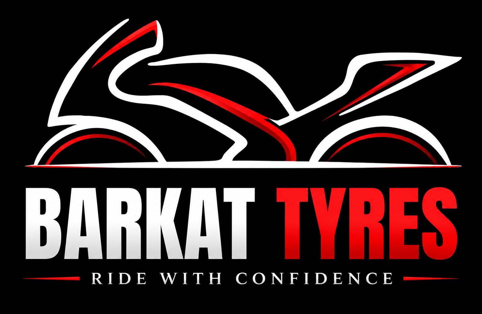 Barkat Tyres logo with sport motorcycle and Ride with Confidence tagline